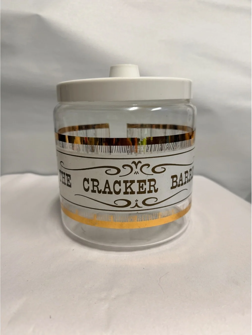 Vintage Pyrex The Cracker Barrel Glass Cookie Jar with White Lid
